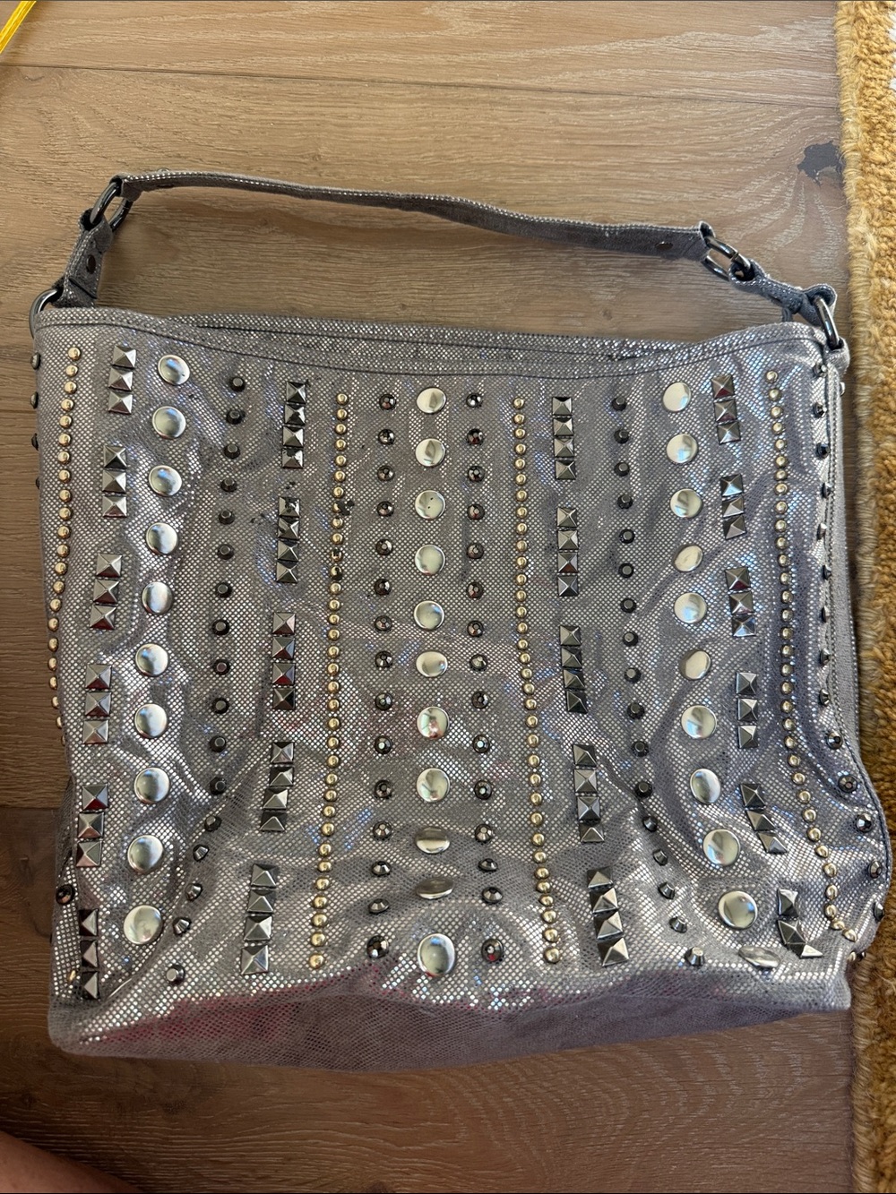 Embellished Metallic Shoulder Bag in Silver